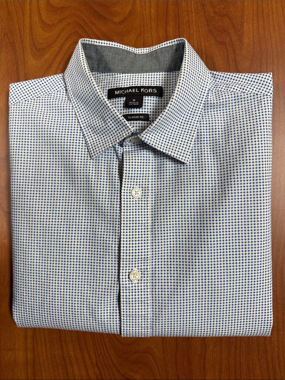 Michael Kors Men’s White Dress Shirt with Blue Micro-Check
